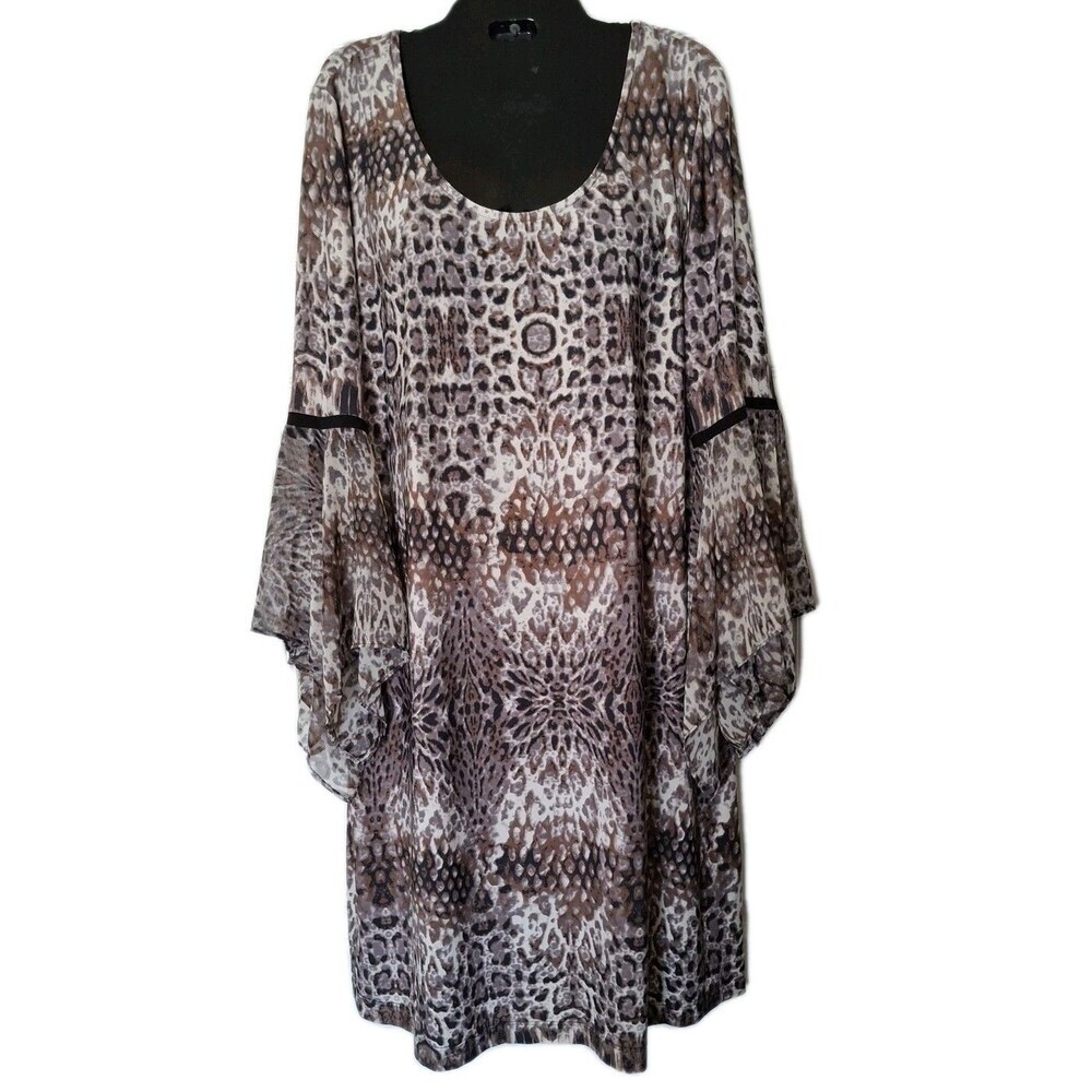 Y2K Animal Print Flare Sleeve Sheath Dress Size XL Prelude Sheer Sleeves Boho